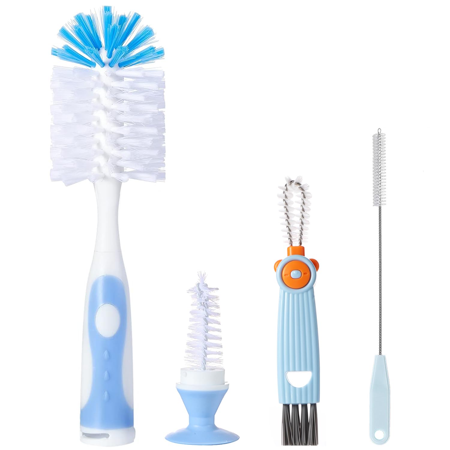 Baby Bottle Brush Set 4 in 1, Baby Bottle Cleaner, with 1P Nylon Bottle Brush, 1P Bottle Cap Brushes, 2P Straw Brushes, Bottle Brush with Nipple Cleaner and Suction Cup, BPA-Free(Blue)