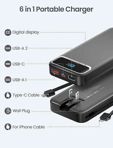 Miniatura 2 de 12000mAh Lightweight-Portable-Charger-Power-Bank with Built-in Cables and AC Wall Plug, PD20W USB-C Fast Charging Battery Pack, LED Display External