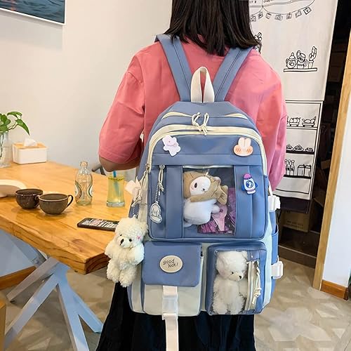 Miniatura 3 de JQWSVE Mochila Kawaii con pin Kawaii y accesorios juego de 5 unidades bonita mochila estética bolsas escolares para adolescentes Azul Viajar