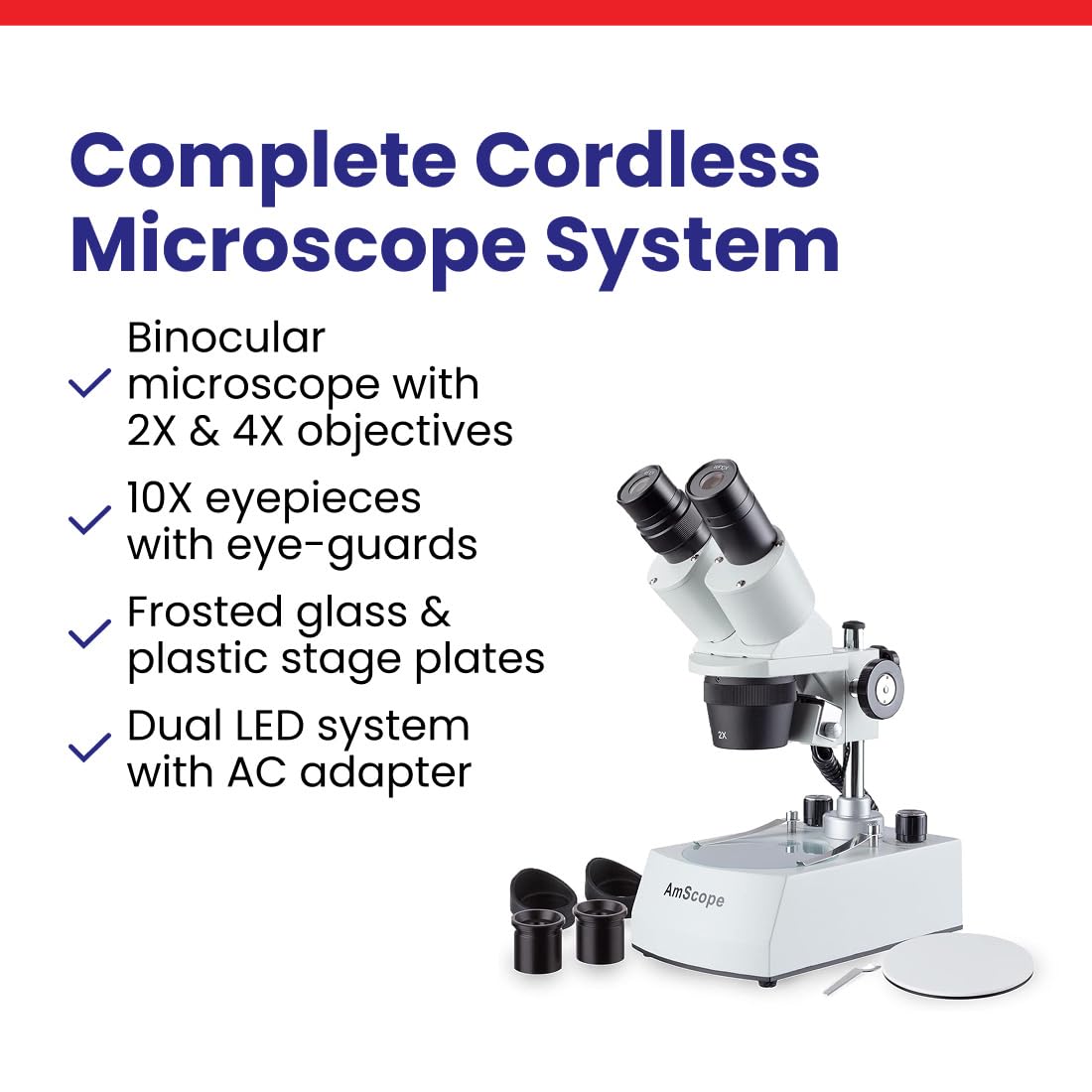 AmScope - Microscopio stereo senza fili LED per illuminazione superiore e inferiore 20X-40X.