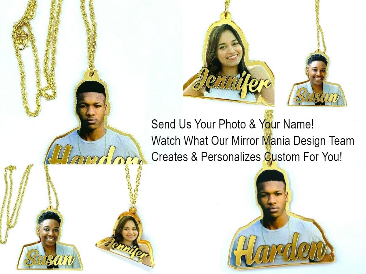 MIRROR MANIA Your Own Picture Photo UV Printed With Your Name Nameplate Necklace Chain Personalized Free Laser Cut Any Name Custom With Silver or Gold Choice Chain- WOW!