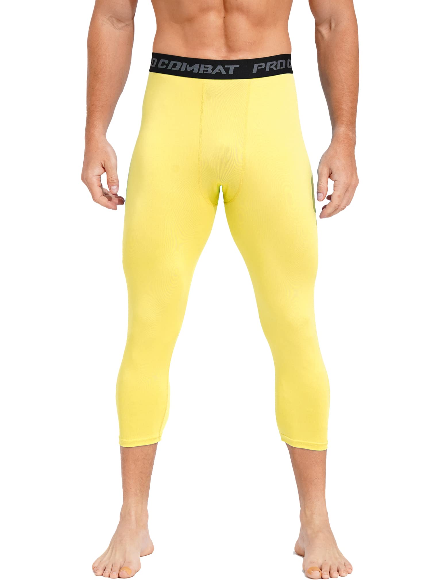 Mufeng Men's Calf Length Compression Pants Low Waist Sport Jogging Climbing Training Leggings Elastic Skinny Tights Yellow 3X-Large