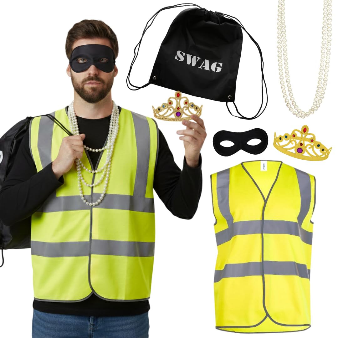 Louvre Robber Costume Set – 5-Piece Funny Museum Heist Fancy Dress Outfit with High-Vis Vest, Burglar Mask, Robber’s Bag, Pearl Necklace & Tiara Crown for Adults - Medium