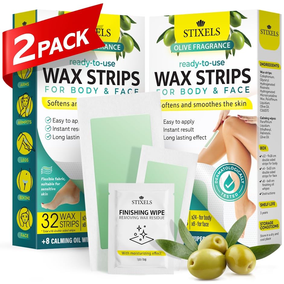 Wax Strips, 64 Count for Hair Removal – Waxing Kit for Women & Men with 48 Body Wax Strips, 16 Face Waxing Strips, 16 Oil Wipes – Hair Remover Wax Kit for Face, Legs, Arms, Armpits, Bikini – 2 Pack