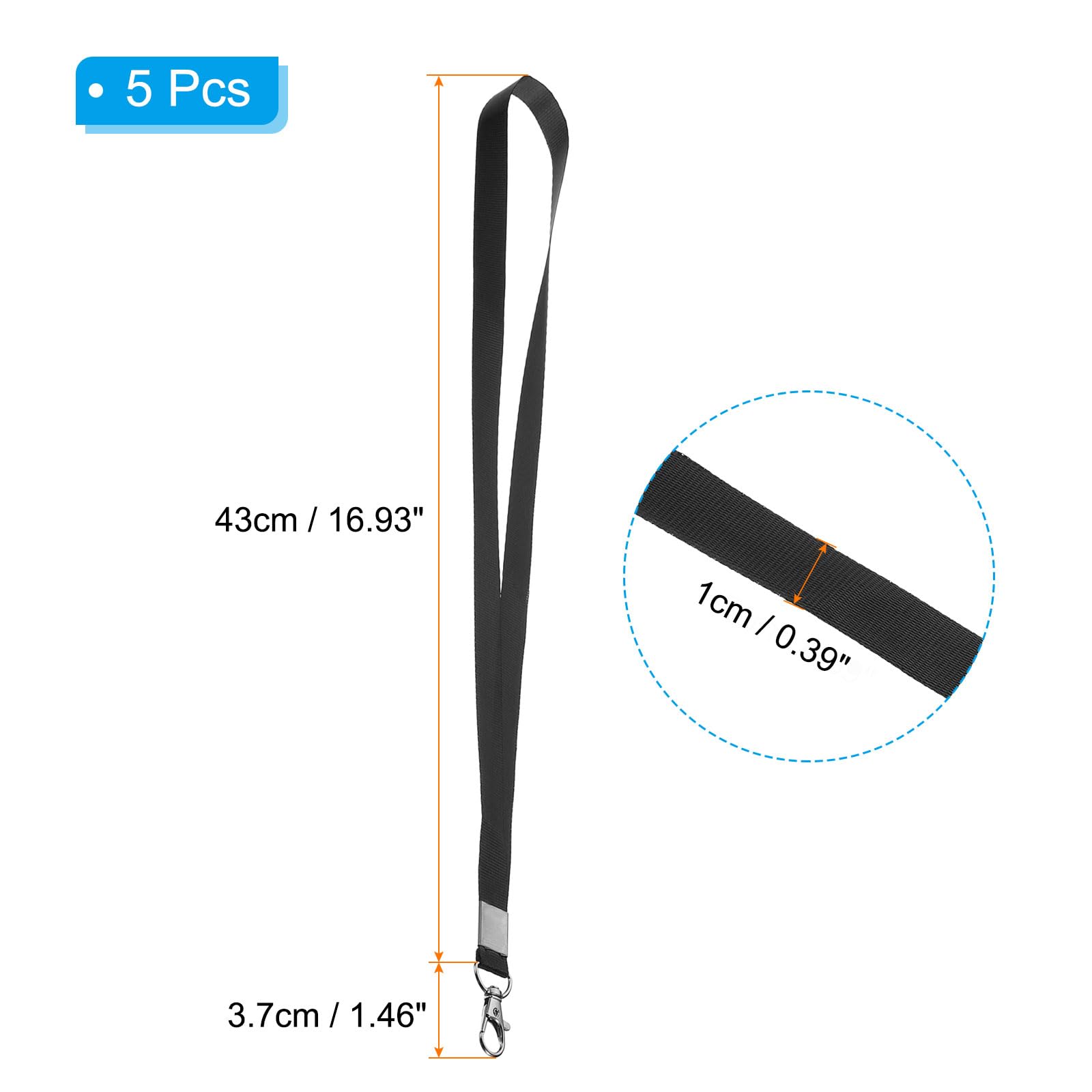 PATIKIL 17" Neck Lanyards, 5 Pack 0.4" Width Flat Strap Lanyard with Swivel Hook Clip for Name Tag Badges Holder ID Card Keys Black - Image 2