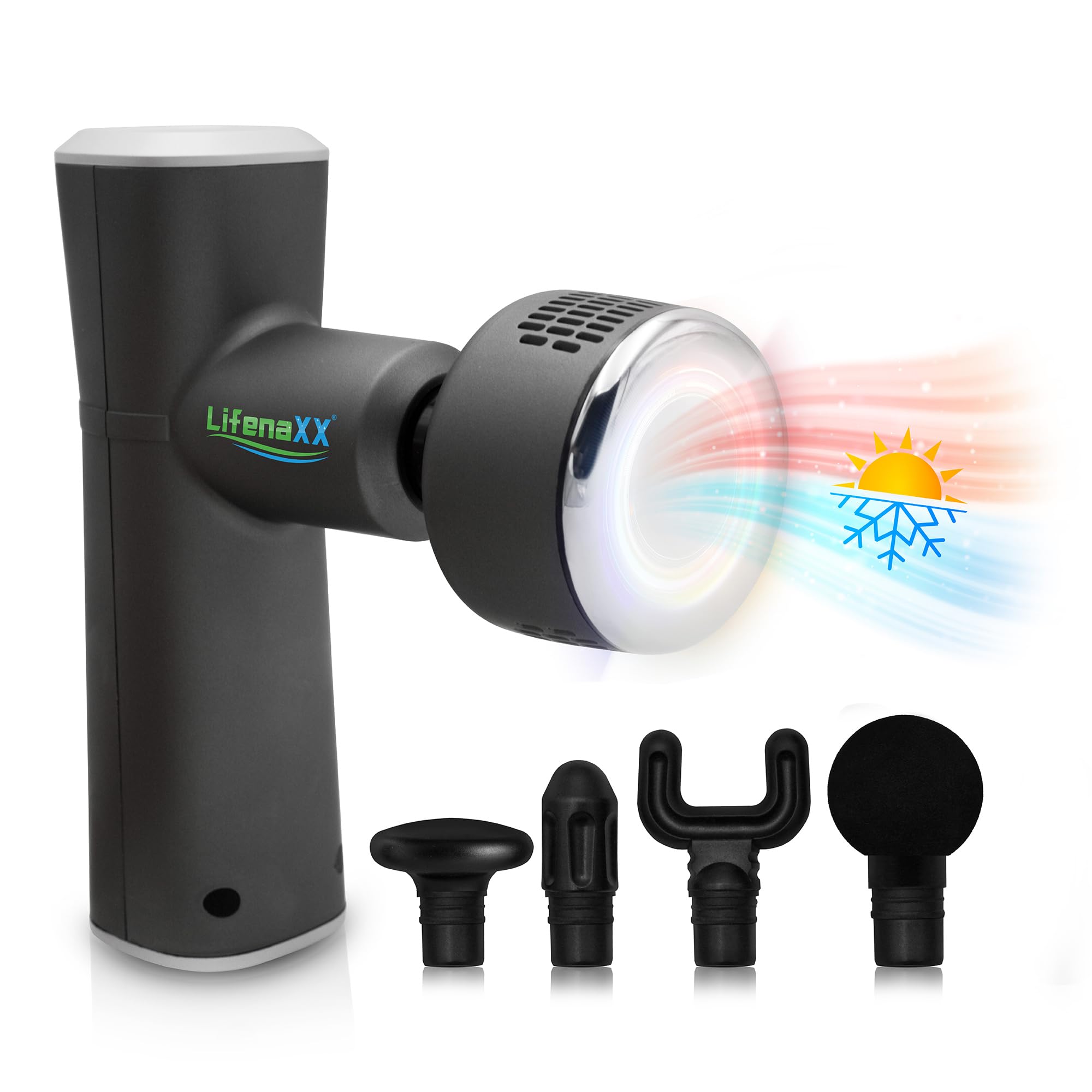Pistolet de massage LX-041 Lifenaxx pour tissus profonds, 3 niveaux de chauffage et de refroidissement, 5 têtes, 4 niveaux massifs, chargé par USB, 2000mAh – Utilisation après le sport et au quotidien