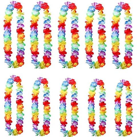 qiqiqiaqia 10 PCS Hawaiian Leis Silk Flowers Necklace Bracelet Flower Garland for Beach and Party Hawaiian Party Decorations Cover