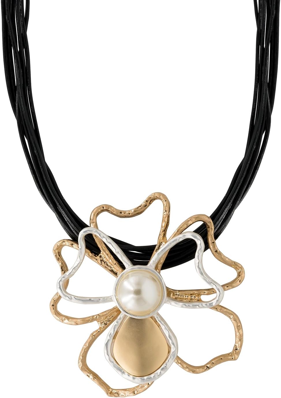 MOONSTONEChunky Hollow Flower Faux Pearl Multi Strand Leather Cord Fashion Statement Necklace For Women, Multi Metal Black