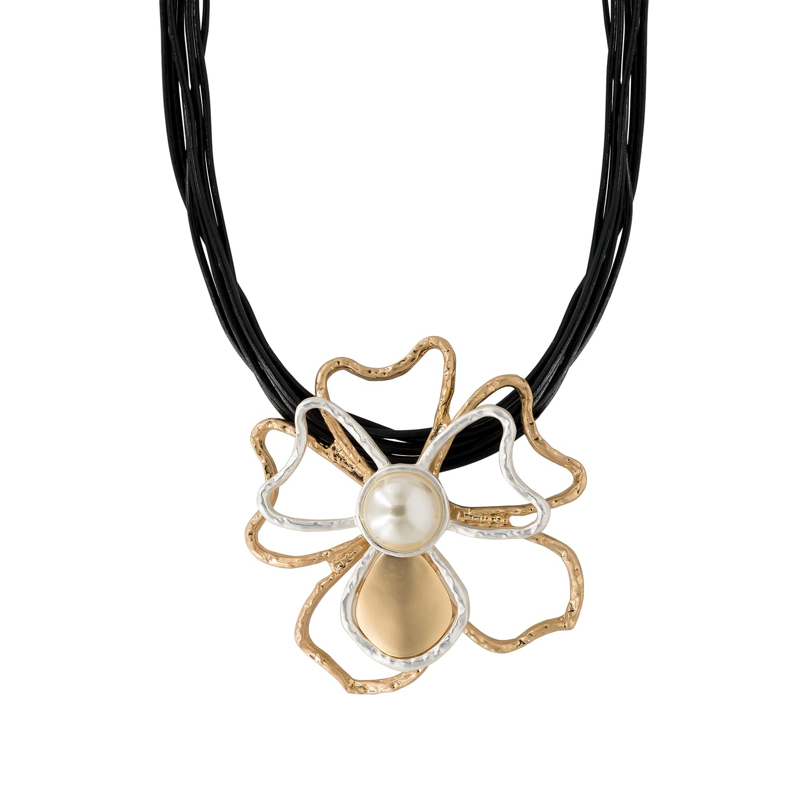 MOONSTONEChunky Hollow Flower Faux Pearl Multi Strand Leather Cord Fashion Statement Necklace For Women, Multi Metal Black