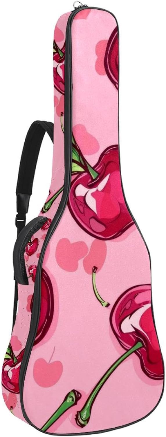 40 41 42 Inch Guitar Bags, Waterproof Padded Acoustic Guitar Case Backpack with Adjustable Shoulder Strap & Pockets, Cute Red Cherries and Bows