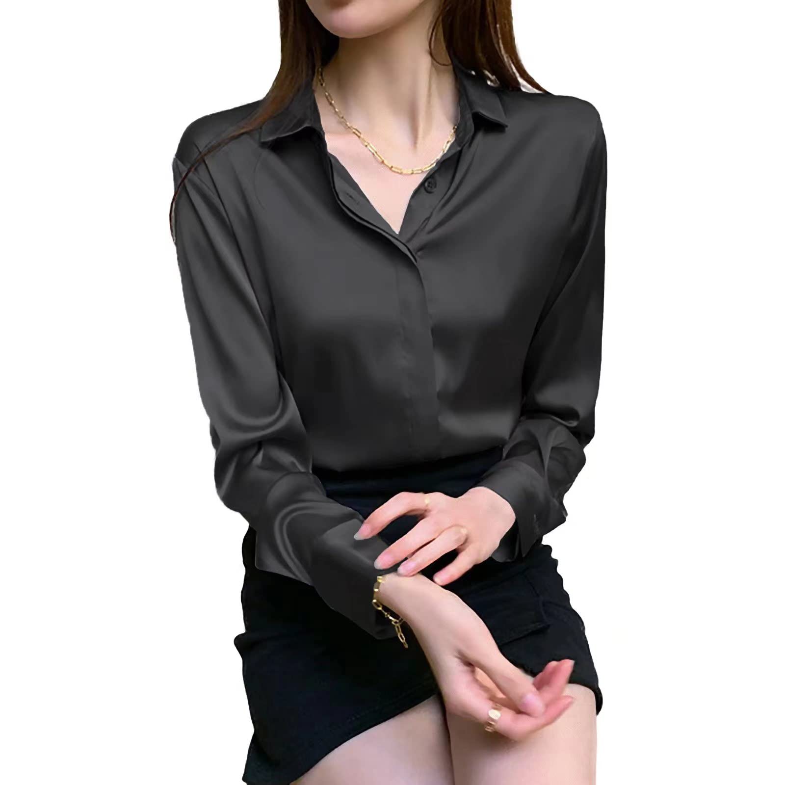 HIYIRUI Women's Satin Blouse Fashion Long Sleeve Satin Silk Shirt Work Office Top Casual Shirt,Black,L