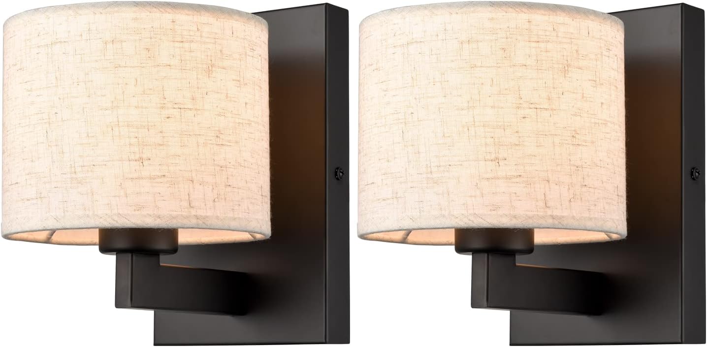 SAMTEEN Farmhouse Black Wall Sconces Set of Two Modern Fabric Shade Sconces Wall Lighting Black Wall Lamp with Drum Shade for Bedroom Bedside Living Room (Beige Shade)