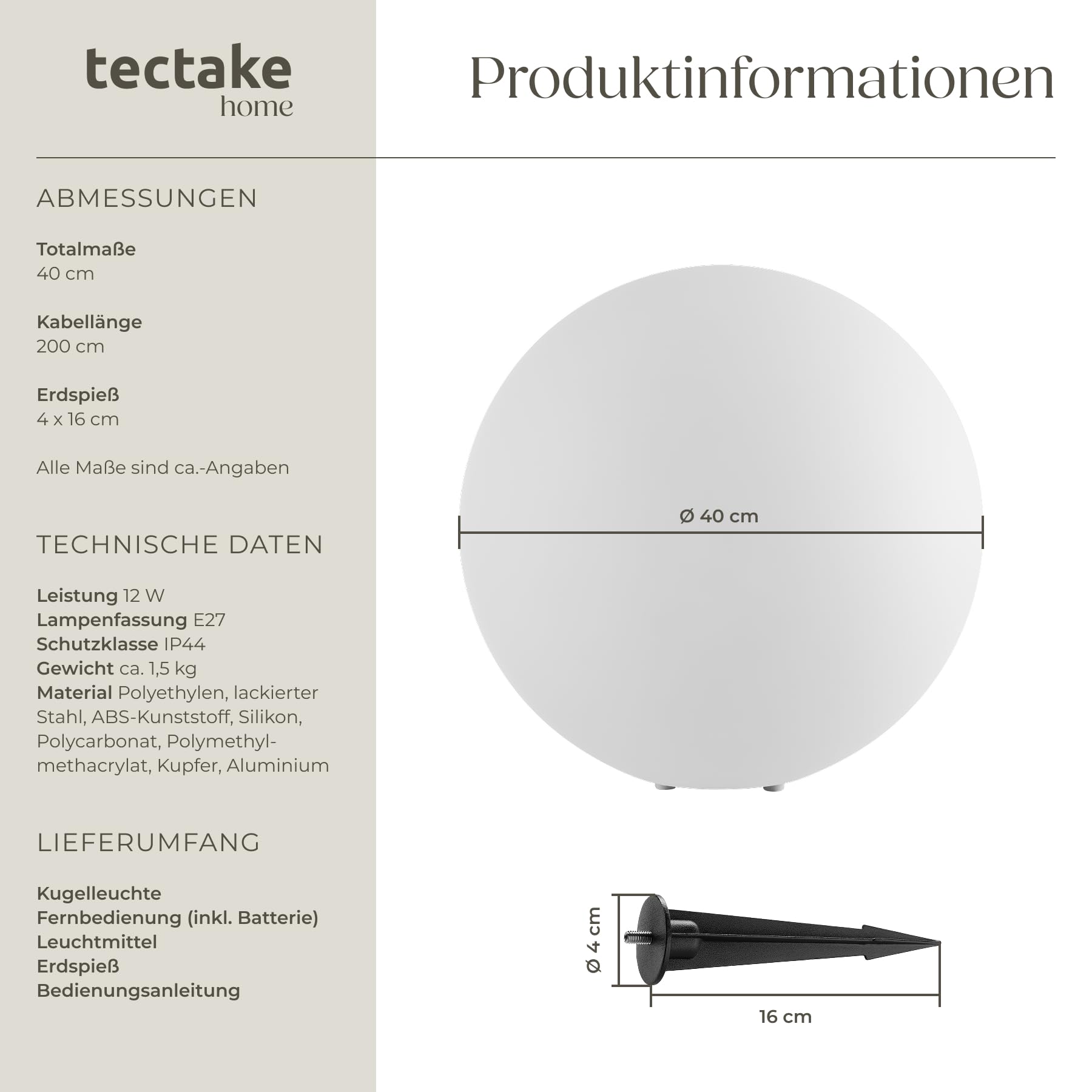 tectake® LED Kugelleuchte, Ø 40 x 40 cm, outdoor Lampe, Deko Garten, Beleuchtung Garten oder Nachttischlampe, LED Tischlampe, Deko Wohnzimmer, Balkon Deko, Wegeleuchten außen, Außenleuchte - Size M