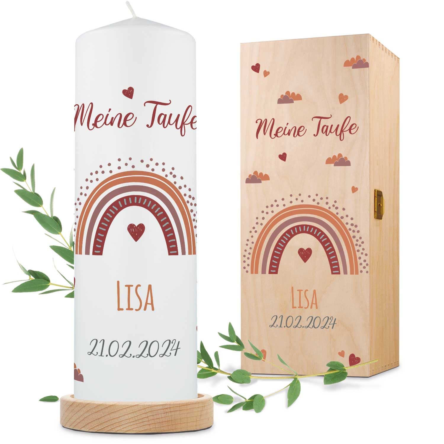 GRAVURZEILE Bedruckte Kerze - Taufkerze Regenbogen - brilliant bedruckte Kerze zur Taufe - Personalisiertes Taufgeschenk für Mädchen & Jungen - Hochwertige Stumpenkerze 250/80 mm - Farbe: Rot