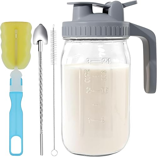Miniatura 1 de Jarra de vidrio Mason Jar - Jarra de leche materna de 32 onzas con tapa de boquilla para vertido, sellado hermético, ideal para café frío, jugo,