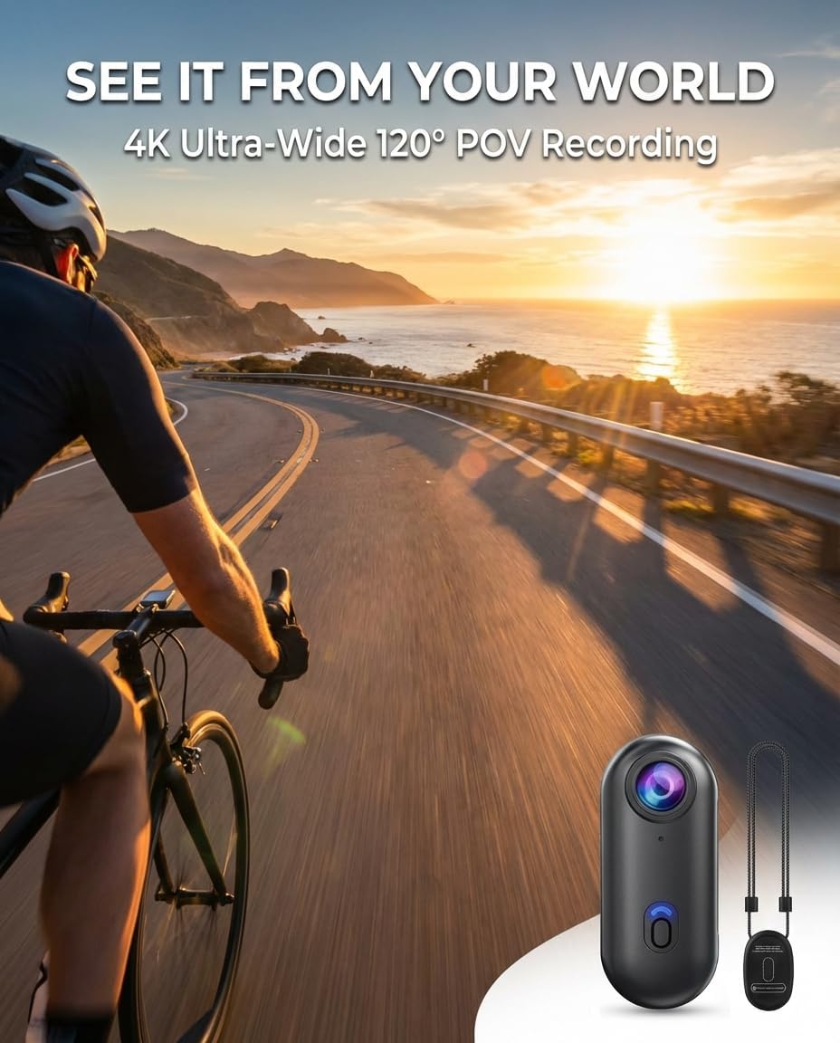 4K POV Thumb Action Camera Wearable Mini Body Camera Clip On Waterproof Hands-Free Body Cam Video Recorder for Ski Cycling Running Swimming Hiking Travel Vlogging