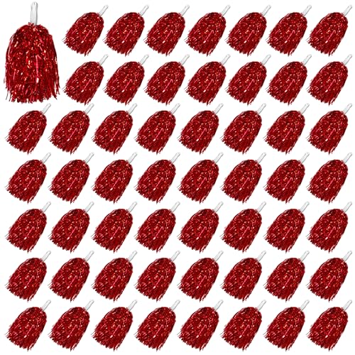 54PCS Cheerleading Pom Poms Metallic Foil Plastic Pom Poms with Baton Handle for Game Sports (Red)
