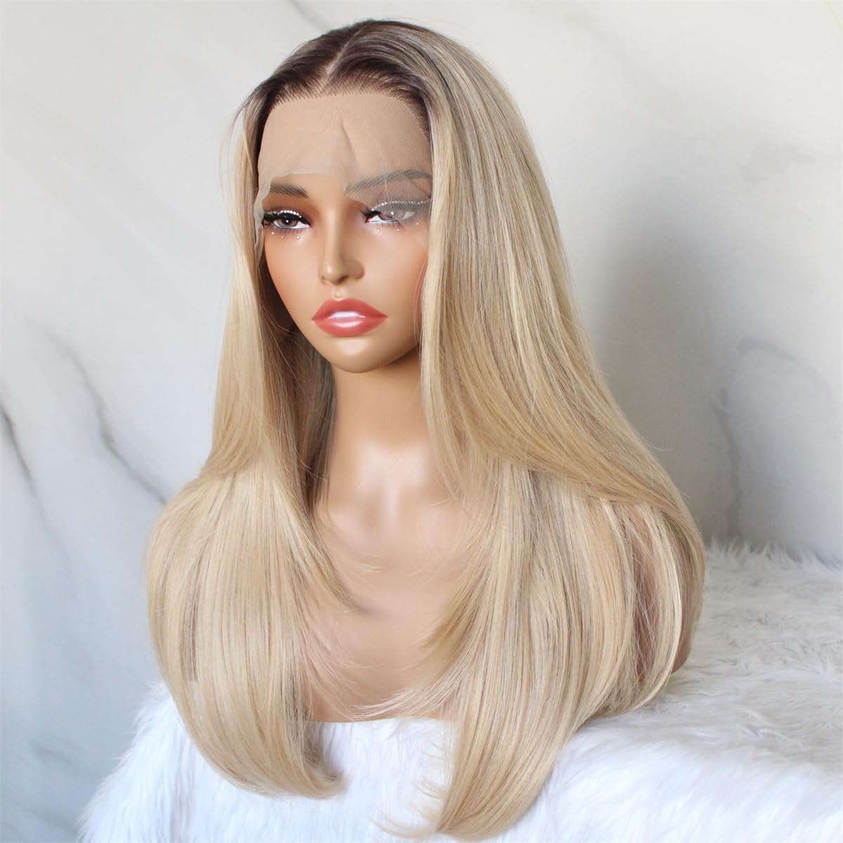 13x6 Wear and Go Ombre Blonde Wig Lace Front Wig with Brown Root Pre Plucked Glueless for Beginner Layered Straight Natural Looking Wig for Women 20 Inch
