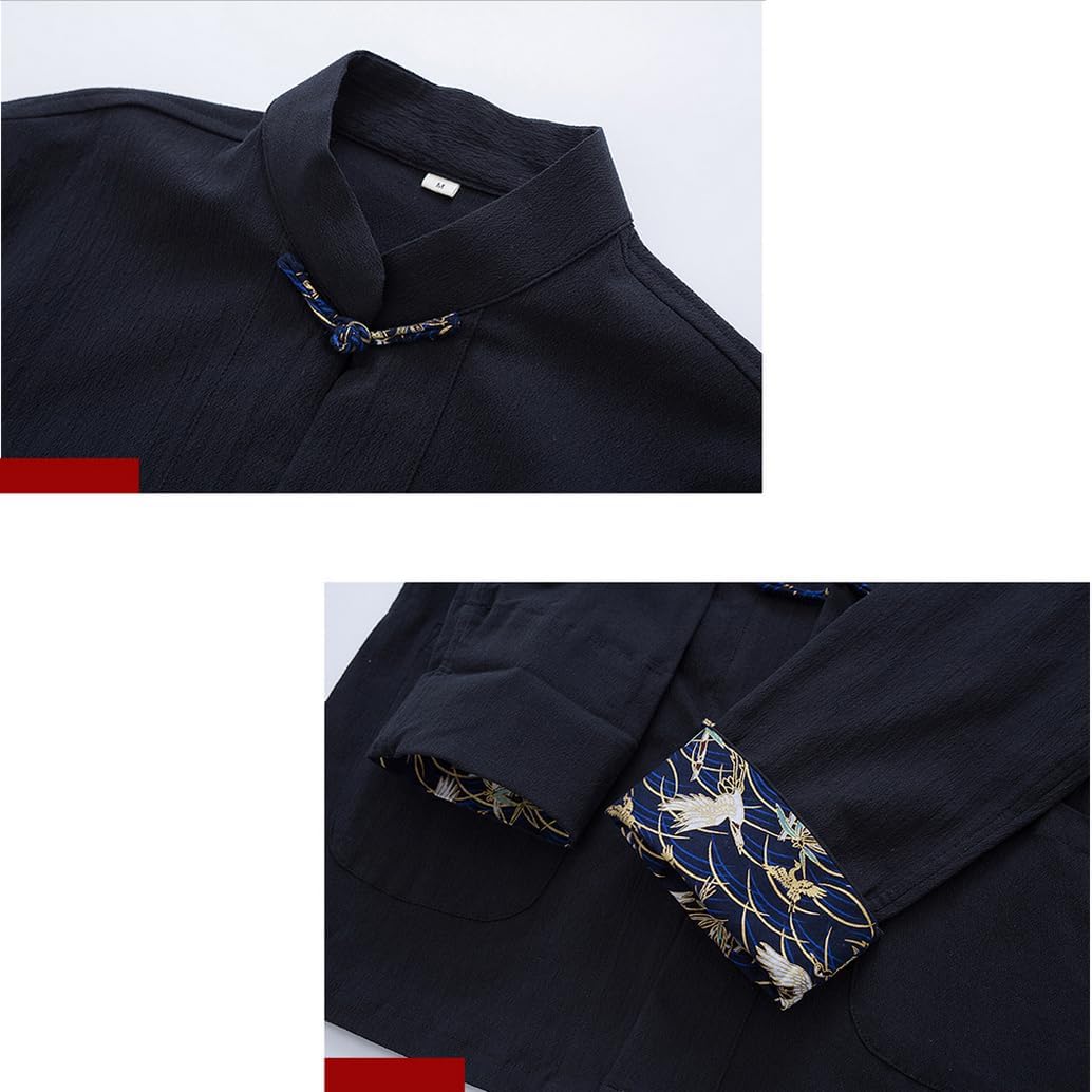 Cotton Linen Tai Chi Uniform Set Tang Suit Chinese Traditional Martial Art Long Sleeved Coat Tops Pants, black-6XL