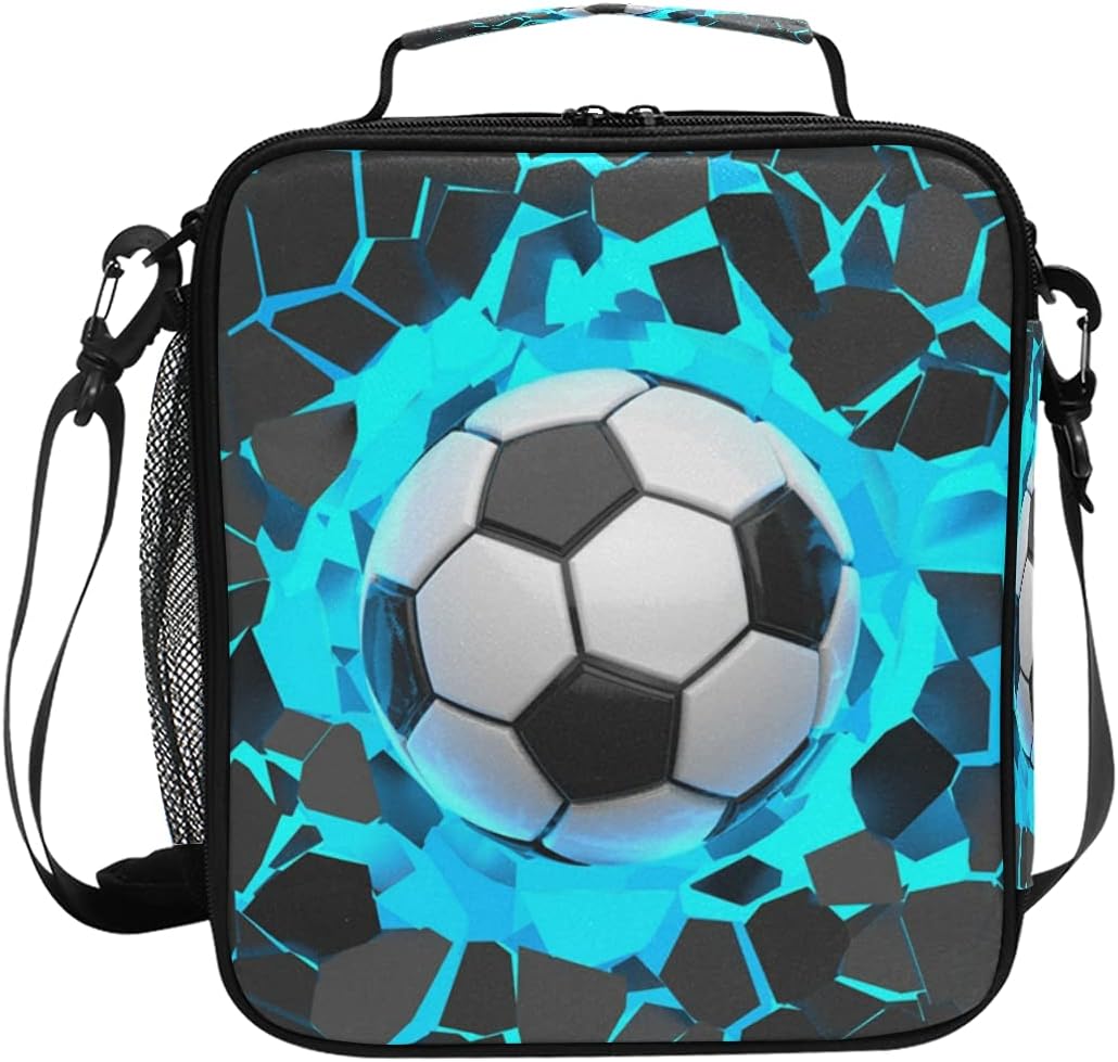 Lunch Bag Insulated Lunch Box Bag 3D Light Wall Football Soccer Pattern Cooler Tote Bag for Girls Boys Students School