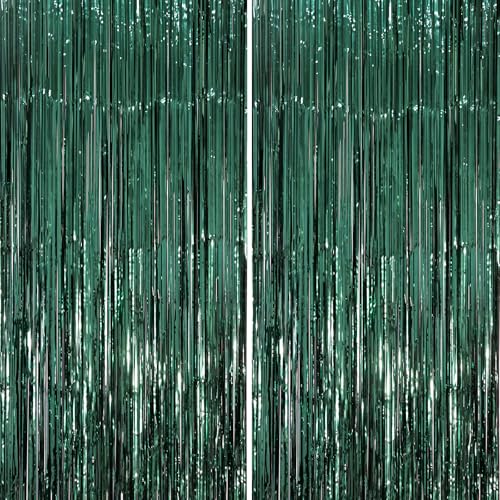 Image of Voircoloria 2 Pack Retro Green Foil Fringe Backdrop Curtains, Tinsel Streamers Party Decorations, Fringe Backdrop, Door Shimmer for Christmas