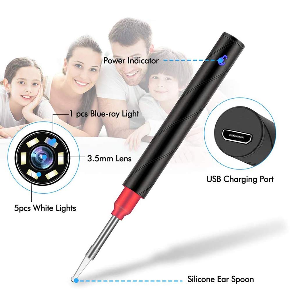 Otoscopio inalámbrico Eliminación de Cera de oídos 1080P HD WiFi Eliminador de Cera de oídos Endoscopio con luz Azul de desinfección, para niños, Adultos, Mascotas