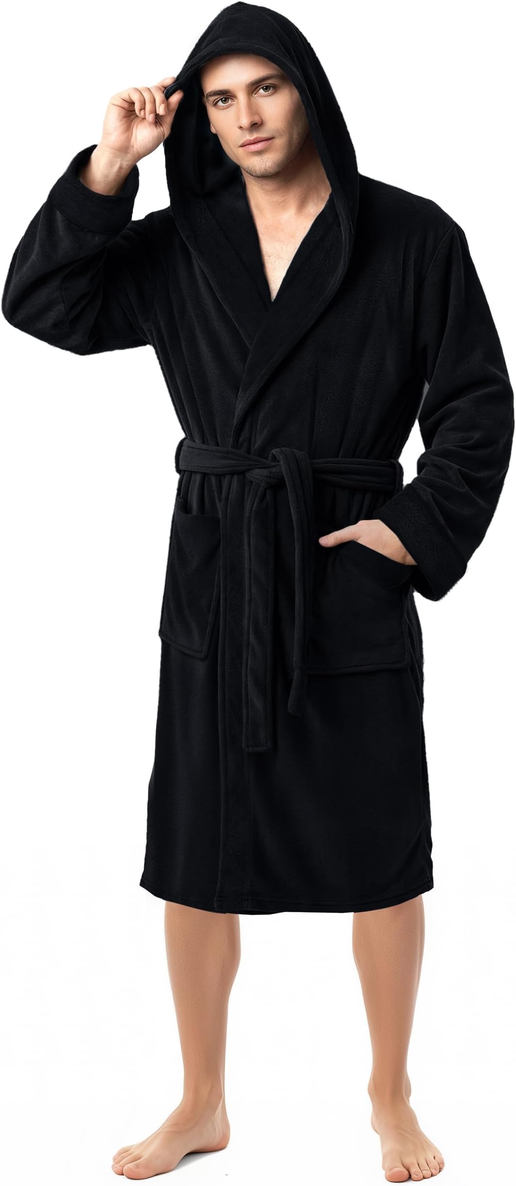 Luxury Fluffy Fleece Mens Dressing Gowns with Hood Housecoat Bath Robe
