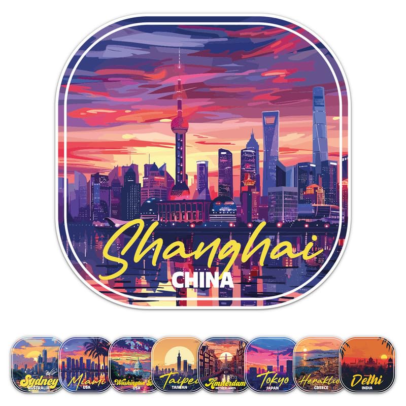 Sunset China Shanghai City Sticker - Waterproof Vinyl Decal for Car Bumper, Laptop, Water Bottle, Luggage, Wall, Window, Sticker Size - 3'' Longer Side