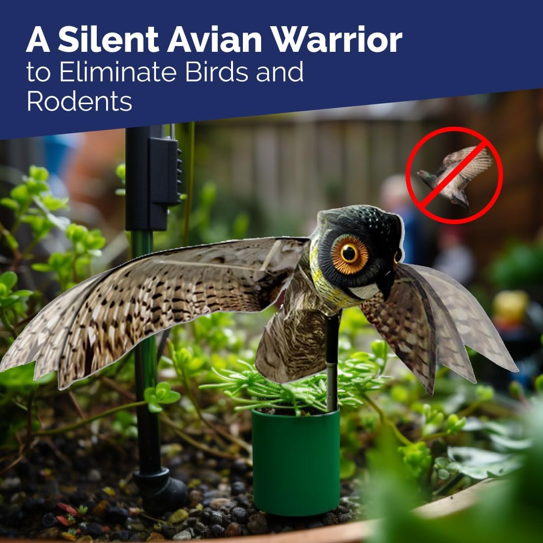 Bird-X Prowler Owl, Lifelike Owl Decoy with Glassy Eyes and Moving Wings, Easy to Install, Perfect for Pigeon, Hawk, and More, Covers up to 6,000 sq. ft., Black, Small