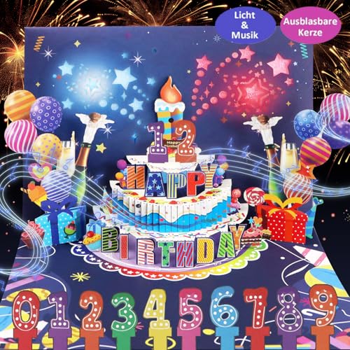 Tarjeta Regalo 3D,Tarjeta Cumpleaños Pop Up,Tarjeta Felicitacion Cumpleaños Con Musical y Luz,Postal Cumpleaños Mujeres Hombrescon Sobres y Tarjeta Mensaje,Diseño Divertido Regalos Cumpleaños Niños