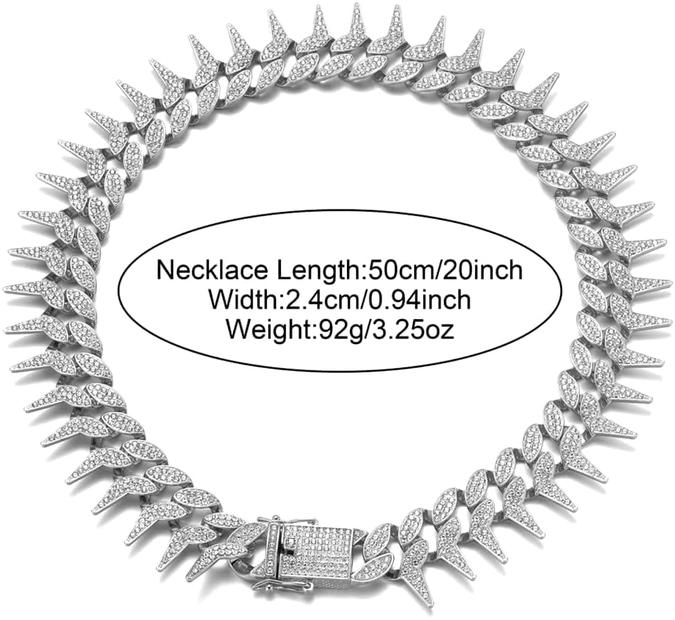 Image of Dog Chain Collar, Side Spiked Style Necklace Bling Diamond Cuban Link Dog Collars Glitter Rhinestone Puppy Collar for for Small Medium Large Pet Dogs (Silver, 20 Inch)