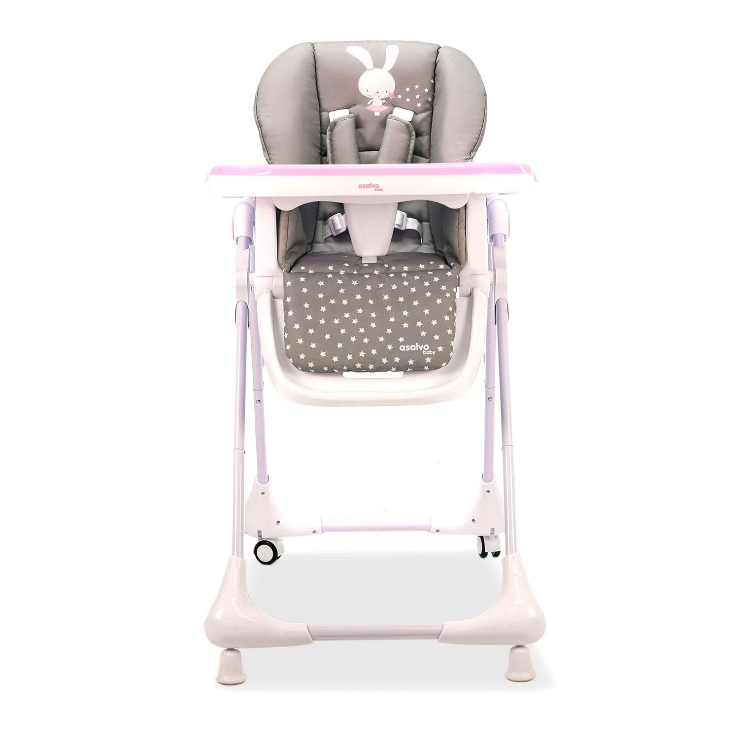 Trona CHEF con Ruedas para Bebé – Altura y Respaldo Reclinables, Bandeja Doble Extraíble, Arnés 5 Puntos, Plegado Compacto, Textil Lavable – Conejito Rosa Asalvo