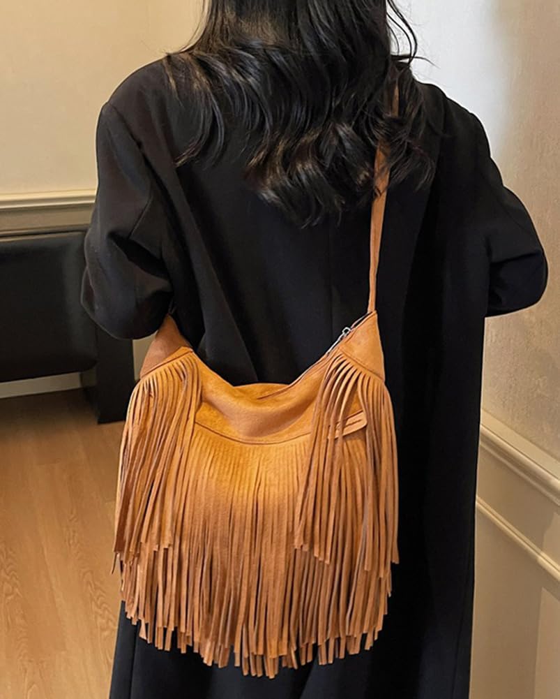 Vintage Suede Fringe Purse for Women Western Cowgirl Crossbody Bag Hobo Bags Long Tassel Hippie Shoulder Handbag