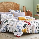 CASAAGUSTO Queen Comforter Set, 7 PCS White Floral Comforter Set with Flowers Leaves Pattern, Soft Seersucker Design All Season Microfiber Queen Size Bedding Set (90'X90'