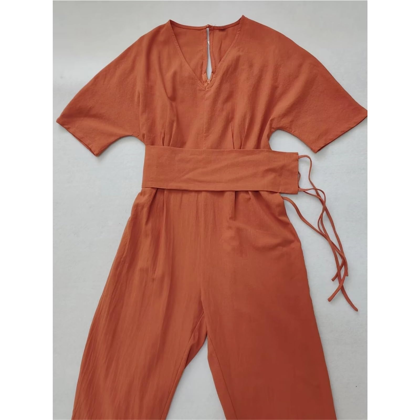 Tuta Intera in Lino da Donna Tute in lino di cotone for donna Pantaloni dritti Cintura vintage con scollo a V Pagliaccetto ampio Tuta casual da spiaggia