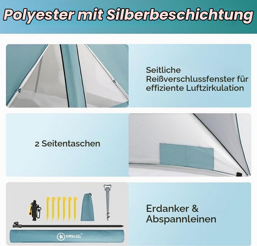 HOMECALL Strandschirm mit Fenster und Windschutz - UV-beständiges Polyester - Blau