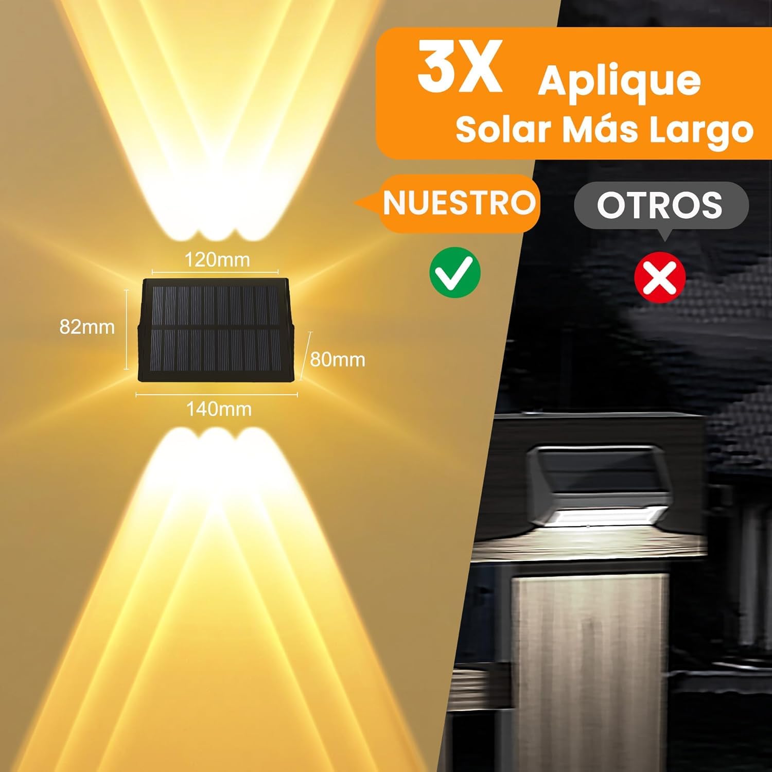 Aplique solar exterior, luces solares exterior para iluminación superior e inferior 6 LEDs, IP67 impermeable para jardín balcón Terraza luz solar exterior, blanco cálido Pack de 6 Unidades