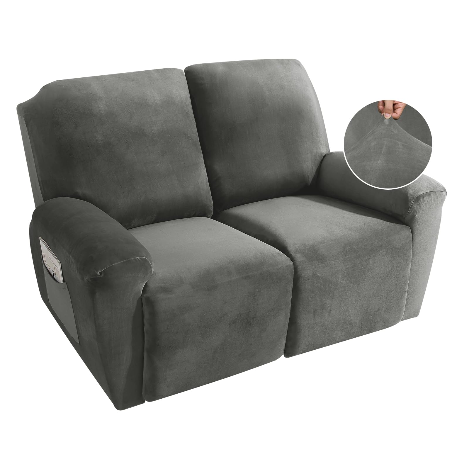 MAXIJIN Recliner Loveseat Slipcover, 6 Pieces Stretch Velvet Reclining Sofa Cover, 2 Seater Love Seat Recliner Couch Cover, Thick, Soft, Washable Furniture Cover (Loveseat Recliner, Gray)