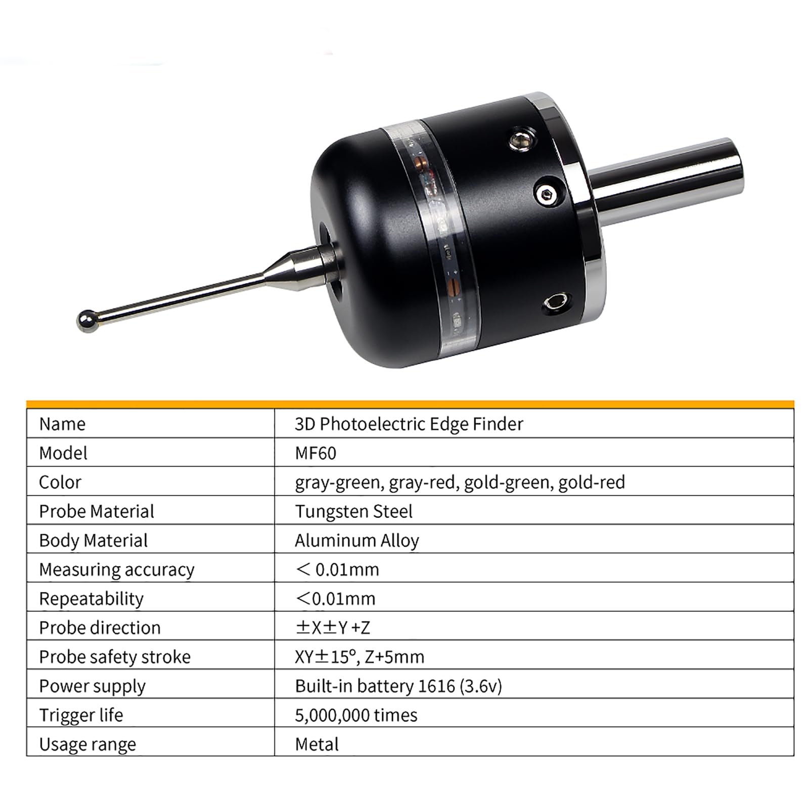 RATTMMOTOR Botón de borde, 3D, visor de borde MF-60, sensor de longitud de herramienta, precisión más precisa, buscando bordes 3D para fresadoras CNC (negro 1)