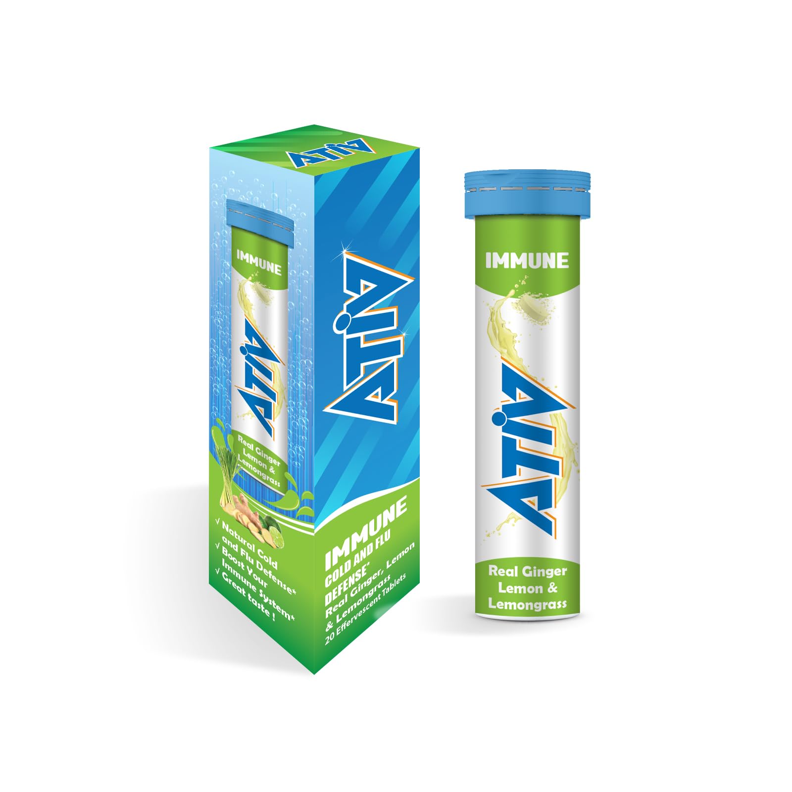 ATIV Immune, 20 Effervescent Tablets with Vitamins C, D, Magnesium, Zinc & Selenium, Ginger Lemongrass Flavor, by JBA