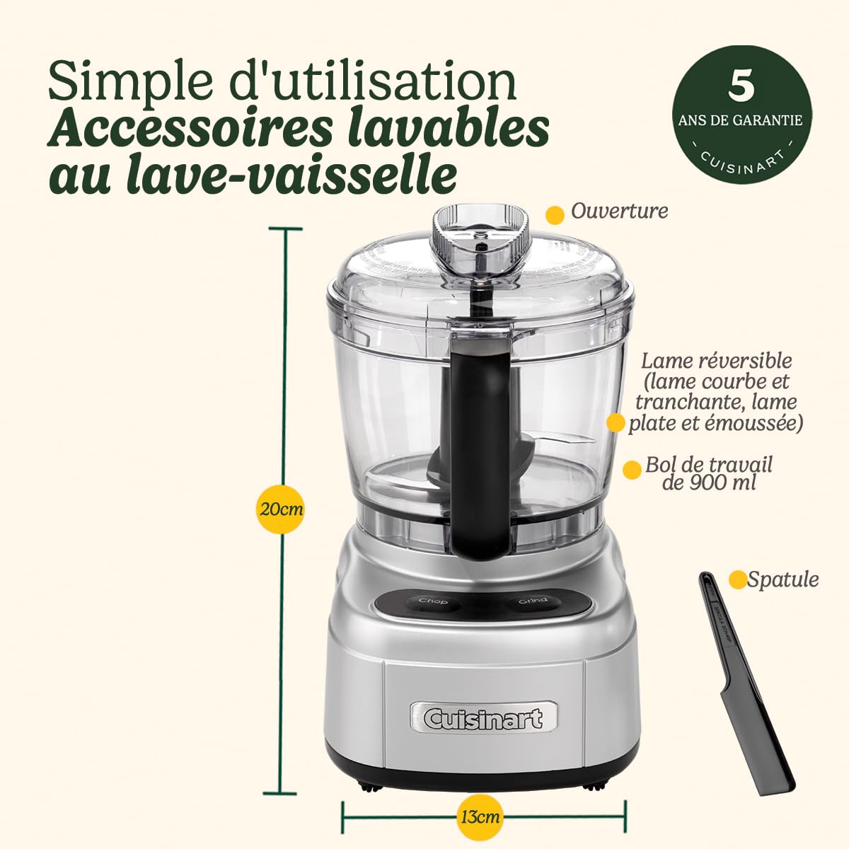 Cuisinart Mini Prep Pro : robot multifonction compact de 900 ml, idéal pour hacher, moudre, mélanger et mixer. Équipé d'une lame réversible en acier inoxydable et d'un moteur puissant. Pièces lavables