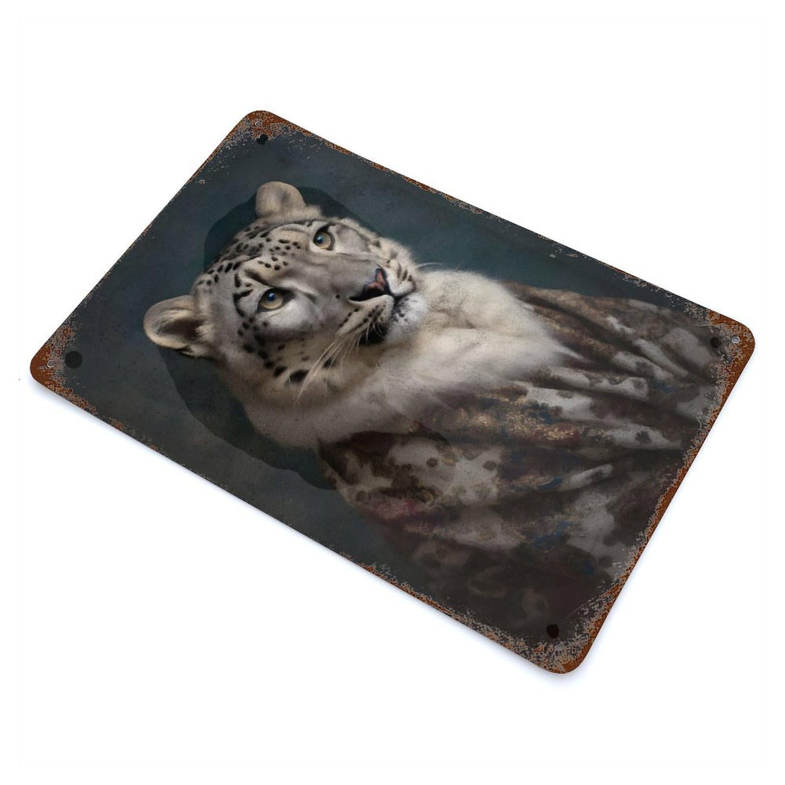 Snow Leopard Renaissance Aged Metal Wall Plaque 11.8"x7.9", Ideal for Garage, Bar And Workshop Decor