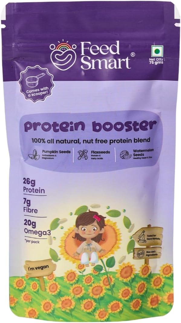 Feed Smart Protein Booster | Plant-Based Protein & Omega-Rich Superfood Blend | Green Pumpkin, Watermelon, Sunflower, White Sesame & Flax Seeds | Healthy Snack for Kids | 75g | Pack of 1