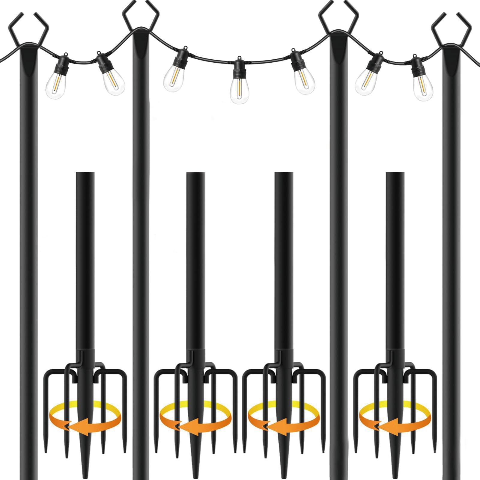 Confezione da 4 pali luminosi a corda, 3 m, in metallo con forcella, per luci esterne, resistenti alle intemperie, per feste, cortile, esterni, patio, giardino, terrazza, matrimoni (confezione da 4)