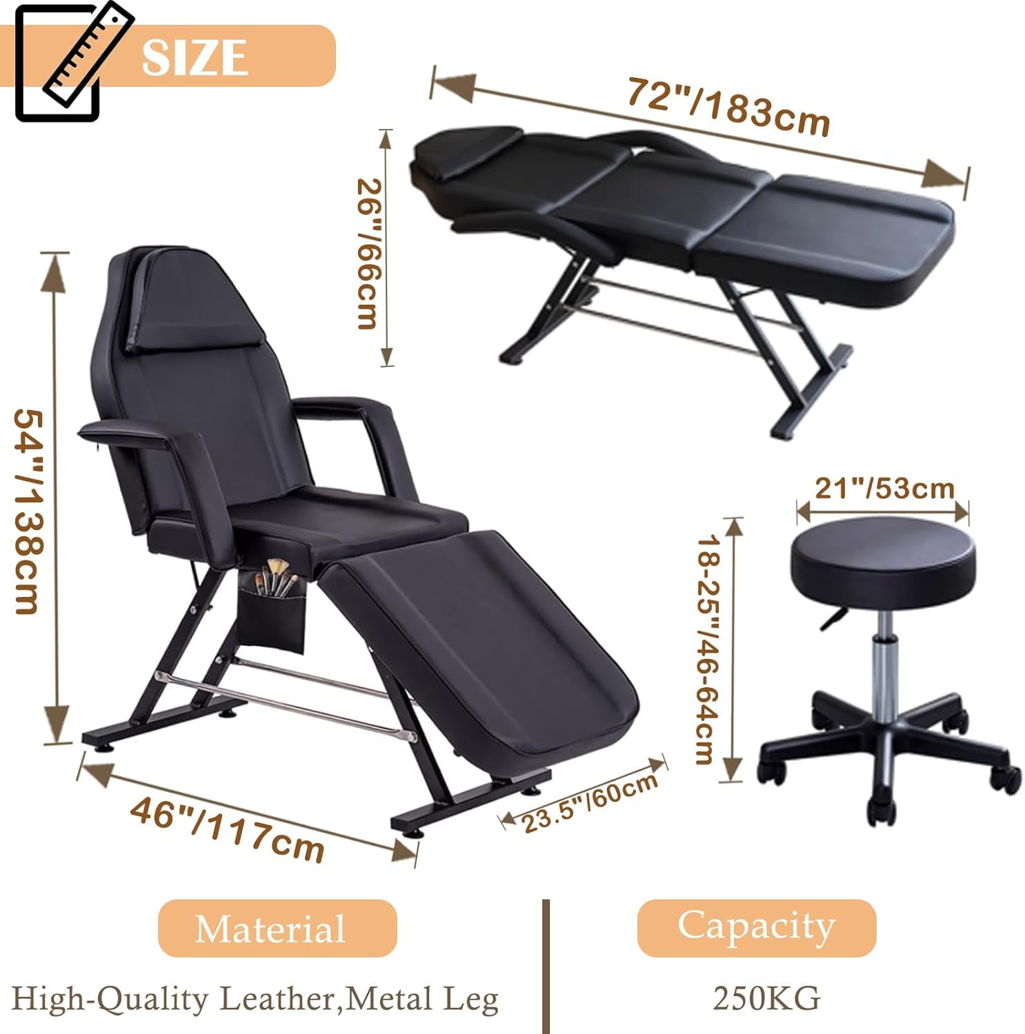 Schwarz Klappbar Massagelieg Tattooliege Kosmetikstuhl höhenverstellbare Massageliege Zubehör Removable Armrests Headrest Hocker & Bettwäsche (Schwarz)