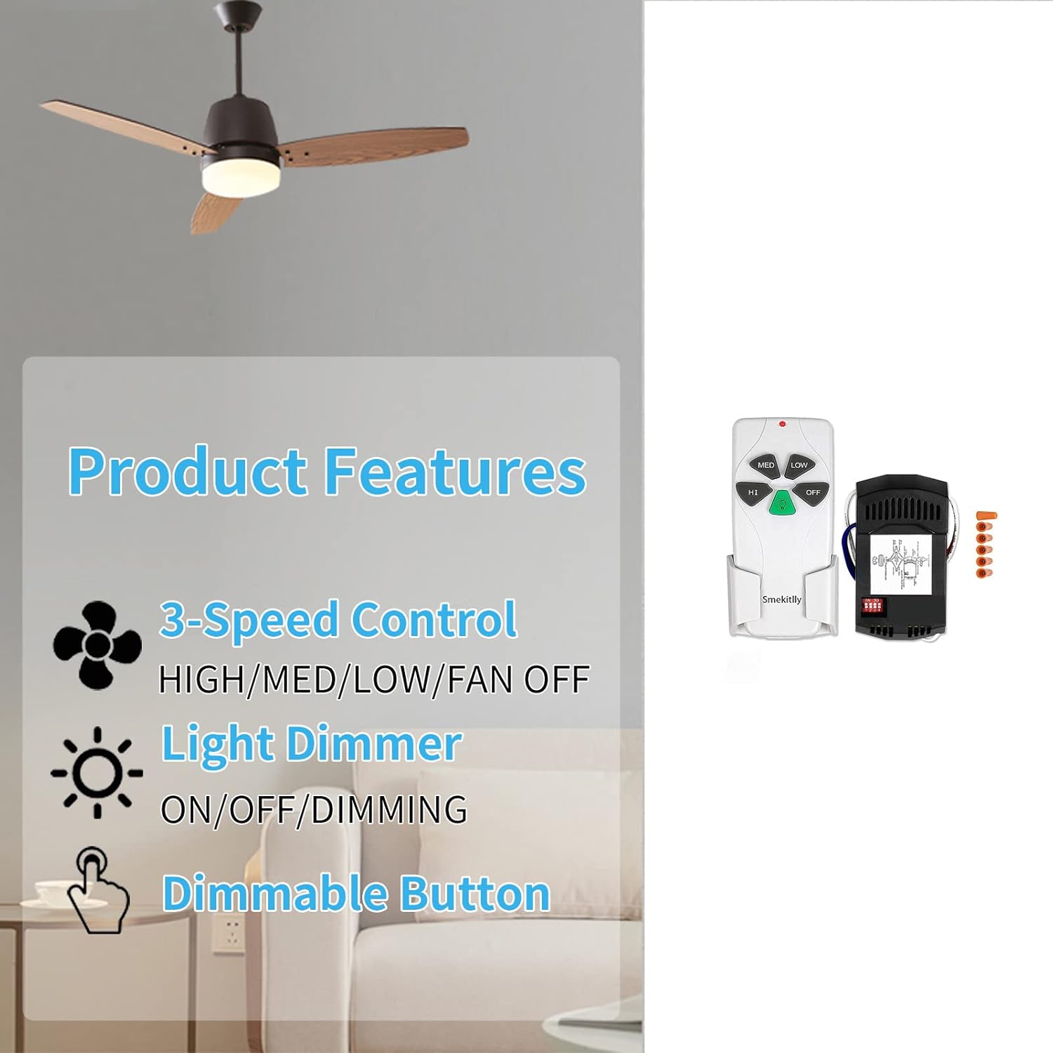 Universal Ceiling Fan Remote Control Kit with Light Dimmer for Hampton Bay, Hunter, Harbor Breeze, Westinghouse, FAN28R FAN-53T 2AAZPFAN-53T KUJCE9103 FAN-11T K- 53T UC7030T