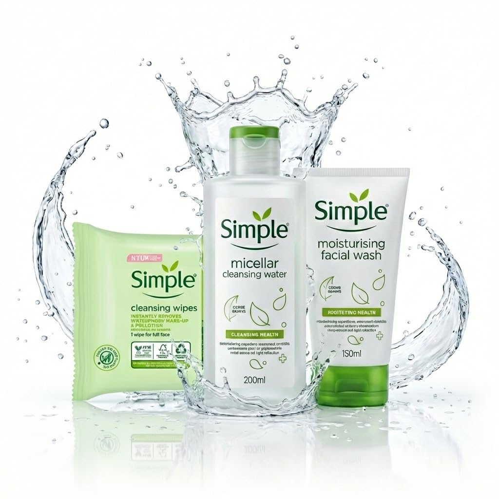 Simple Ultimate Double Cleanse Kit - Micellar Water 200ml, Facial Wipes & Foam Face Wash - Makeup Remover for Sensitive Skin - Hydrating Cleanser Set - Gentle Eye Makeup Remover - Travel Skincare Kit
