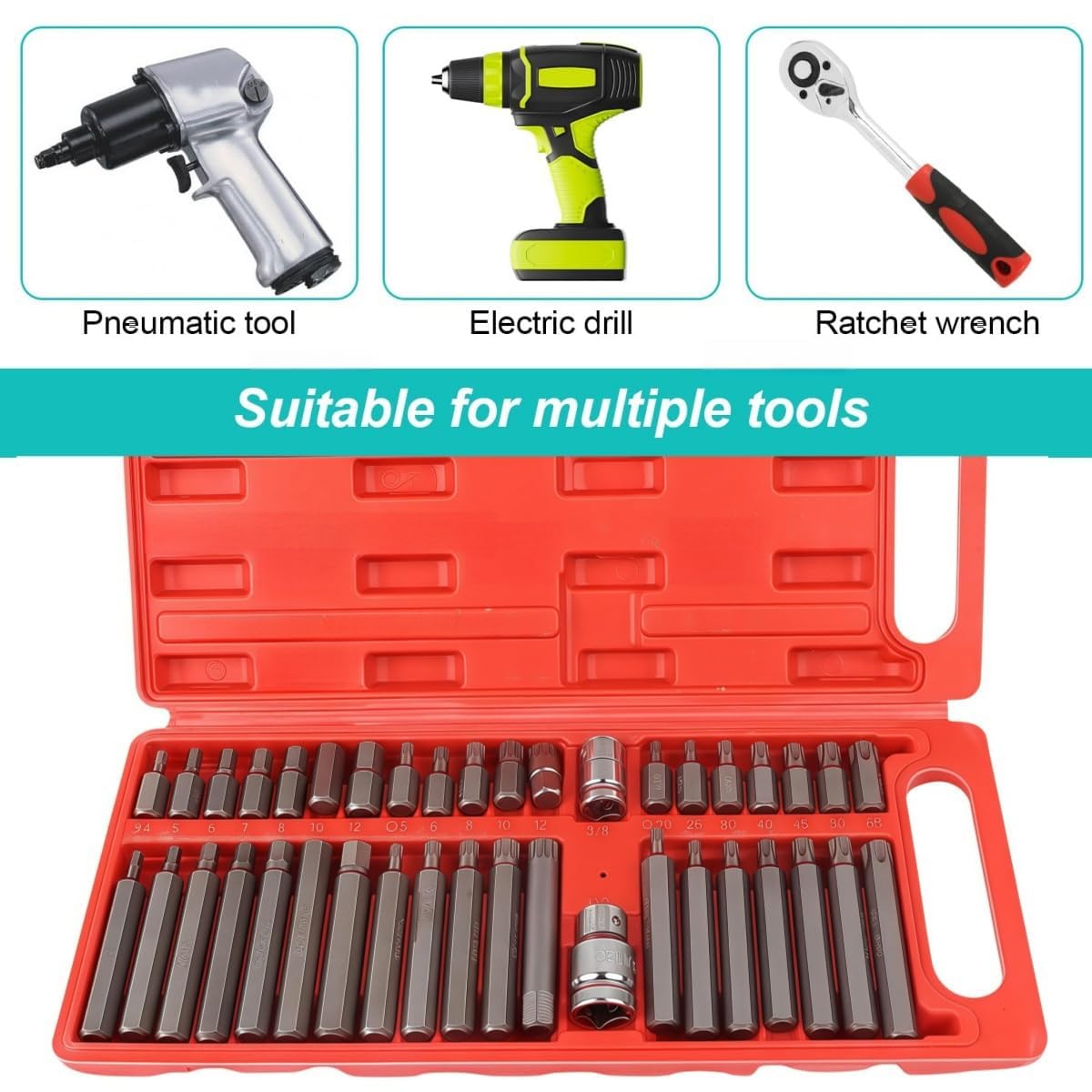 40 Pezzi Cacciavite Torx Bussola Kit, Include Punta Capo di Prugna, Esagonali e Spline, Bussole per Avvitatore con Unità da 1/2 3/8 Pollici, Set Cacciaviti Torx, per Officina e Fabbrica