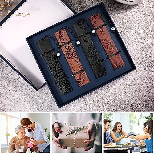 4 Pieces Wood Bookmark For Men Women Book Lovers, Handmade Natural Wooden Carving Book Mark Bookmarks Box Set, Ideal For Birthday Present, Teachers Appreciation (Traditional Style) #TOP4