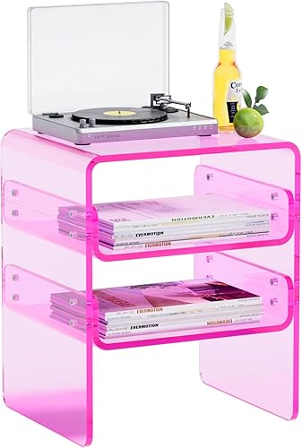 Mesa auxiliar acrílica de 2 niveles para sala de estar, dormitorio, mesita de noche moderna, café (rosa cristal)